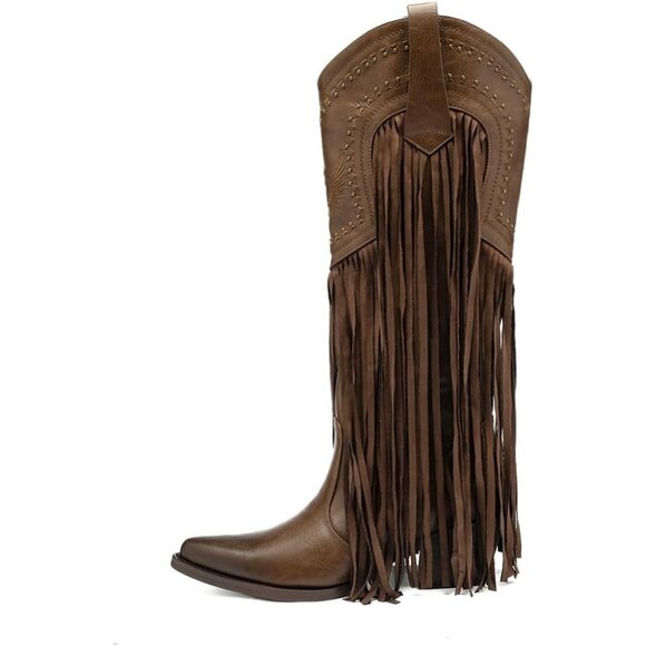 Women's Fashion Pointed Toe Chunky Pull On Knee High Heel Embroidered Brown Boot - Picture 2 of 8